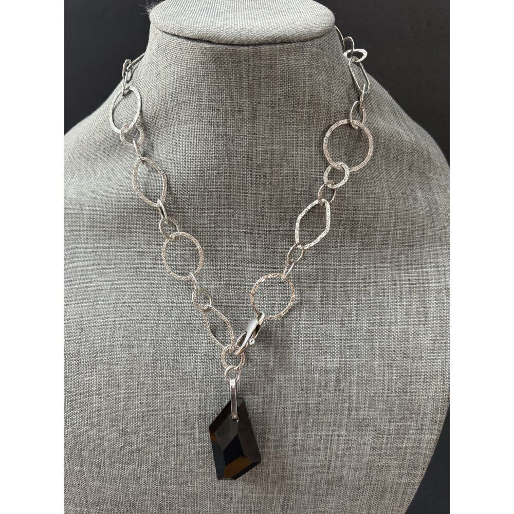 Sterling Silver .925 Glass Abstract Black Pendant Necklace Artisan Art To Wear